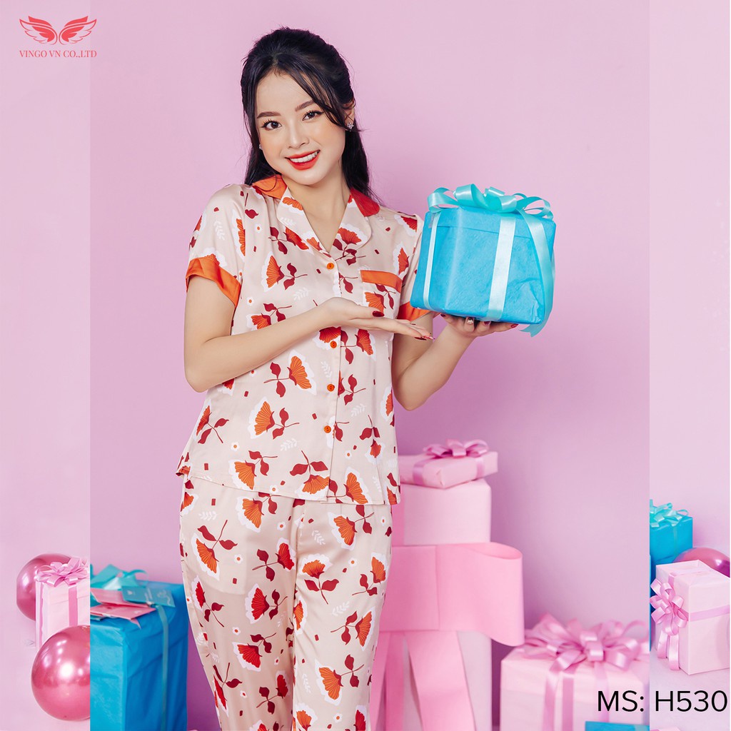 Bộ Đồ Pyjama Mặc Nhà Nữ VINGO Chất Liệu Lụa Pháp Cao Cấp Tay Cộc Quần Dài Họa Tiết Lá Ngân Hạnh Cam H530 VNGO - TCQD | BigBuy360 - bigbuy360.vn