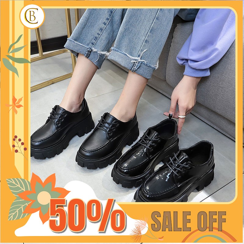 Giày da bóng ulzzang đế cao buộc dây