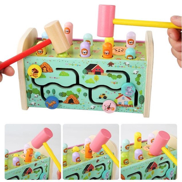 Bộ Đồ Chơi Gỗ 3 In 1 Đập Chuột Hình Sư Tử Kèm Đàn Kết Hợp Xoay Bánh Răng 360 Độ