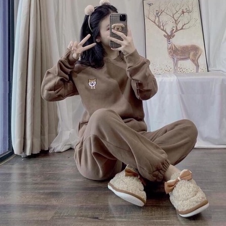 Bộ nỉ thêu chó shiba dài tay nữ - Set đồ ngủ quần ống bo gấu kèm áo sweater ulzzang HOT