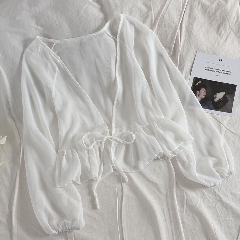 Áo sơ mi chiffon IELGY dáng ngắn tay dài có dây buộc diềm xếp nếp độc lạ cho nữ