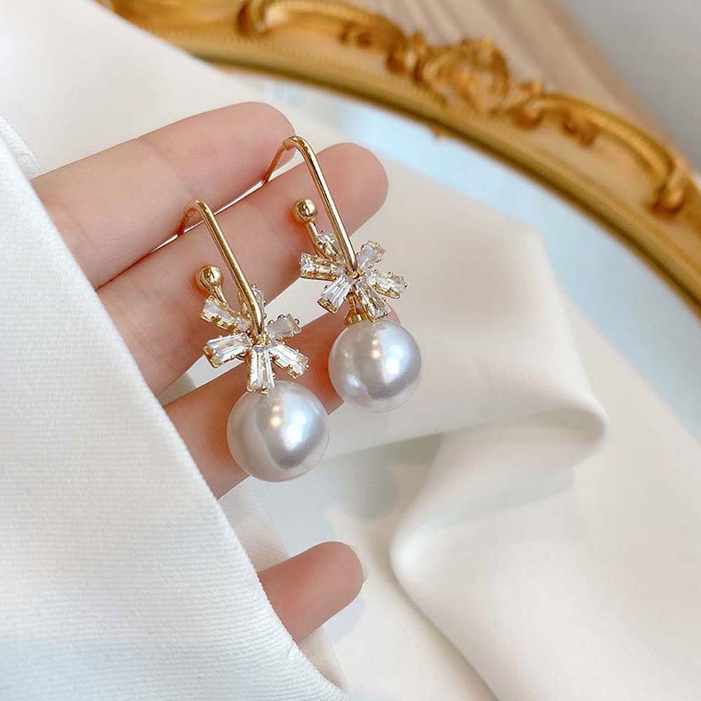 Khuyên Tai Hình Chữ C Đính Đá Zircon / Ngọc Trai Đơn Giản Thời Trang Hàn Quốc