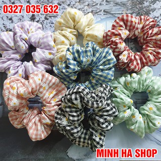 Dây buộc tóc scrunchies họa tiết kẻ caro hoa cúc xin xắn cho nữ