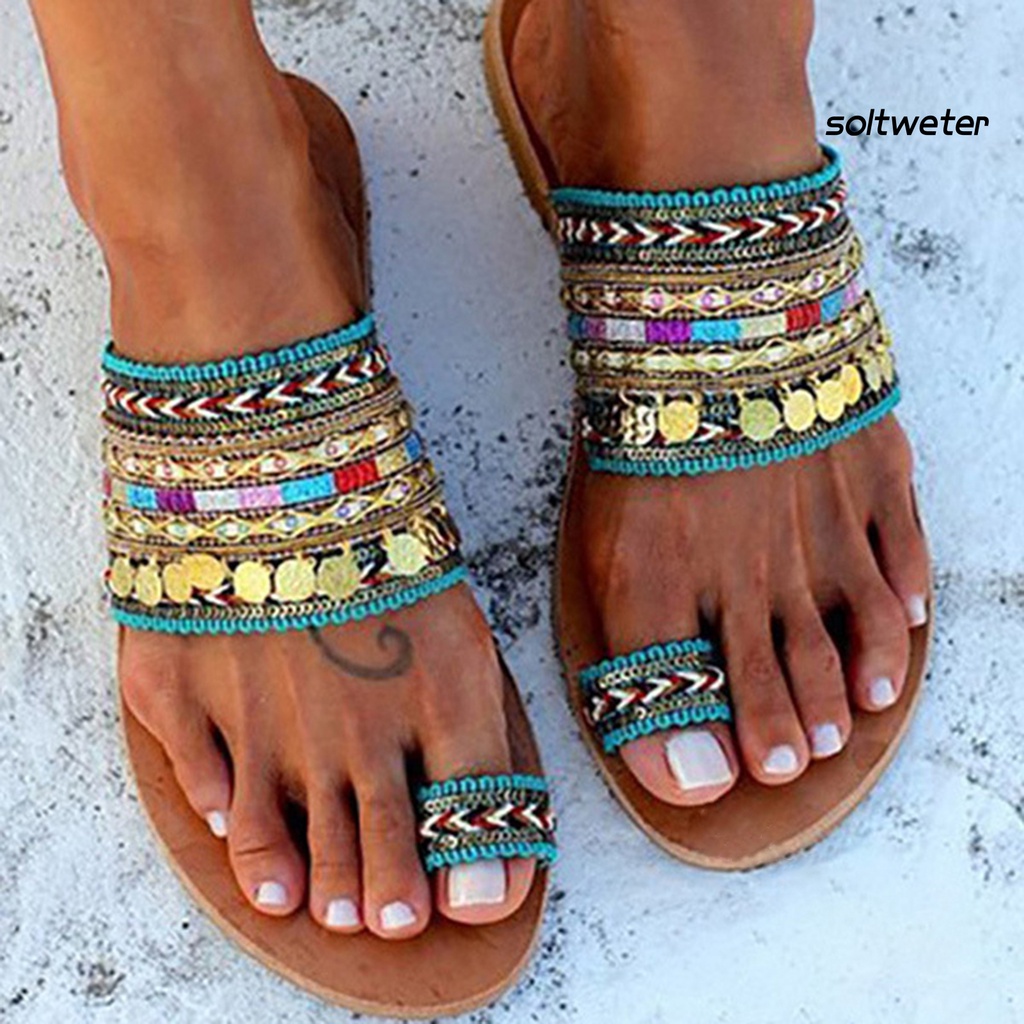 Dép sandal xỏ ngón đế bằng chống trượt phối tua rua phong cách Bohemian thời trang đi biển cho nữ