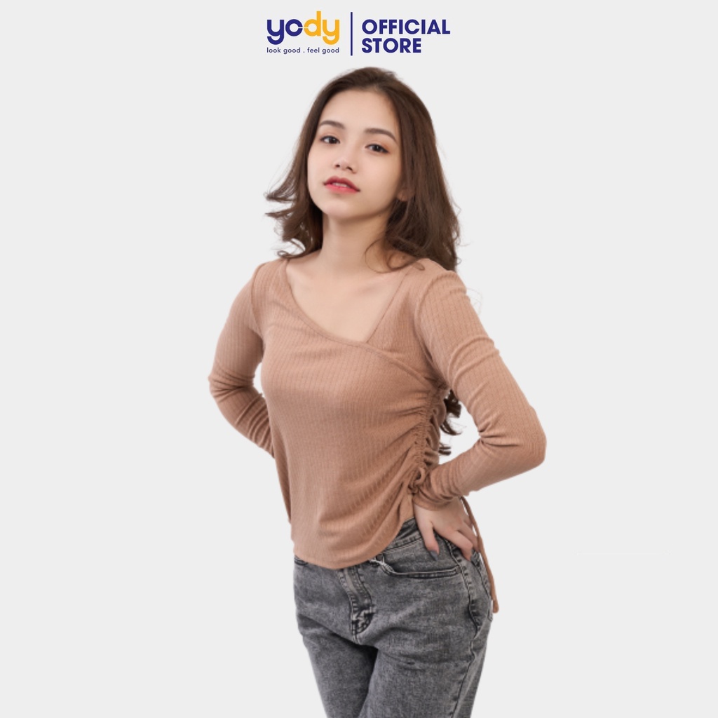 Áo thun nữ YODY dài tay cổ lệch rút sườn nịnh dáng ATN4340