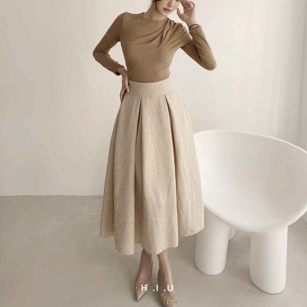 Chân váy midi Mori skirt tweed H.I.U ROOM, chất tweed Hàn nude muối tiêu, chất liệu dày dặn. HIU desgin 2021 | BigBuy360 - bigbuy360.vn