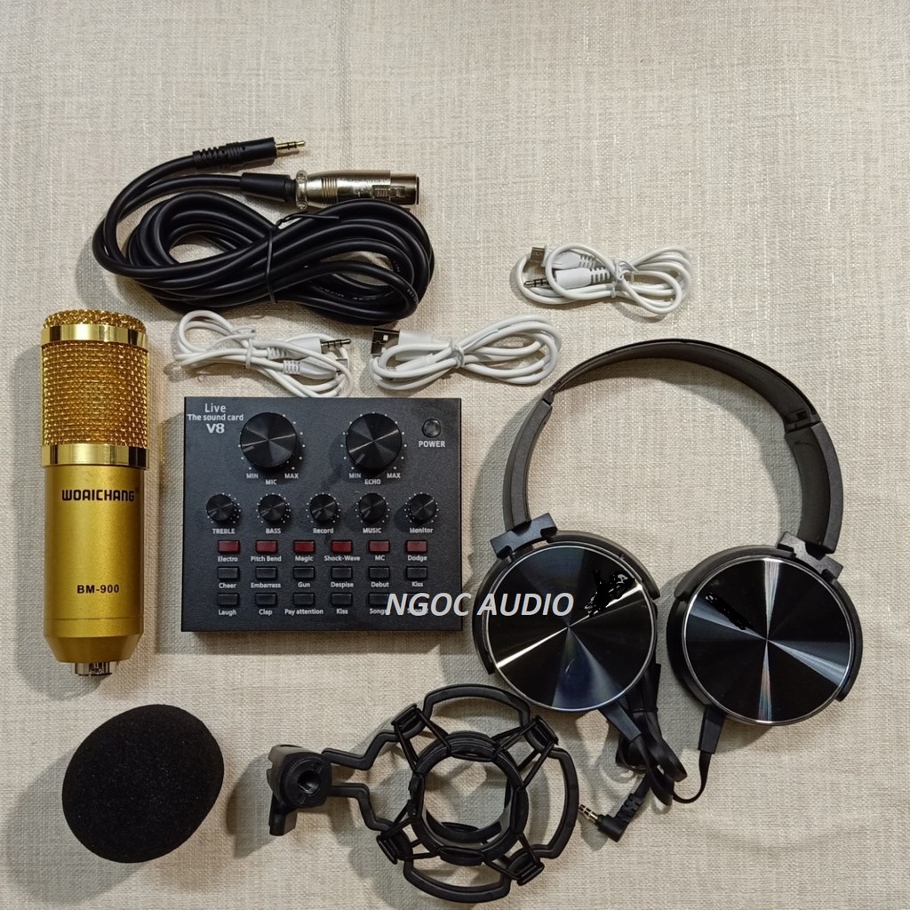 Bô live stream thu âm soundcard V8 bluetooth và mic bm 900