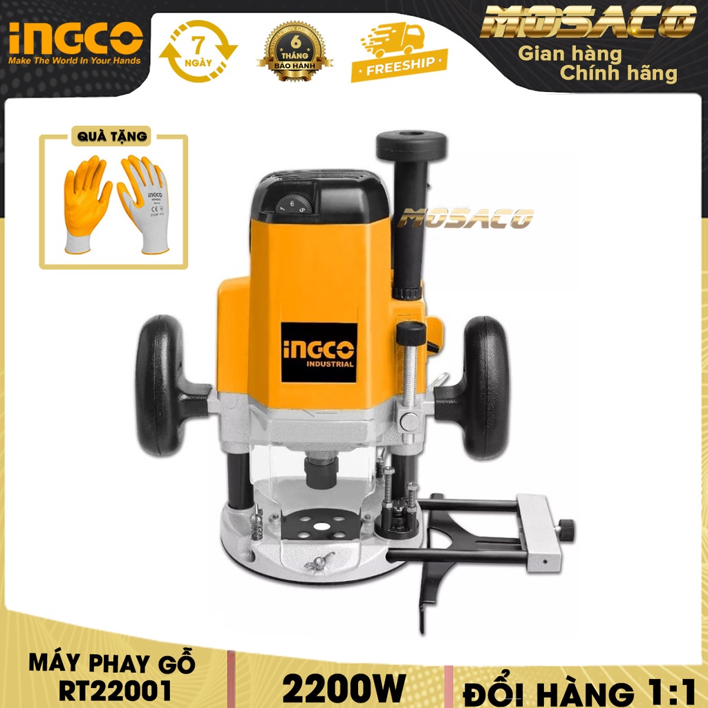Máy phay gỗ INGCO RT22001 2200W. Máy phay cầm tay hợp kim, lớp nhựa tổng hợp loại tốt với khả năng chịu lực- MOSACO