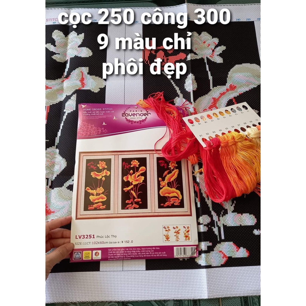 Tranh thêu chữ thập Phúc lộc thọ KT:102x60cm,tranh chưa thêu,tặng kéo và xỏ chỉ.