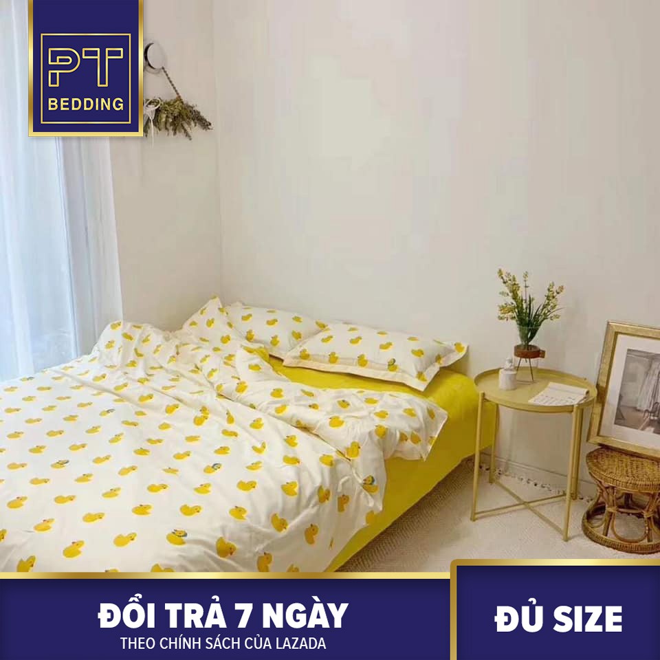 Bộ Chăn Ga Gối ( 01 Drap + 1 vỏ mền + 2 áo gối ) Trắng Vàng Vịt Con