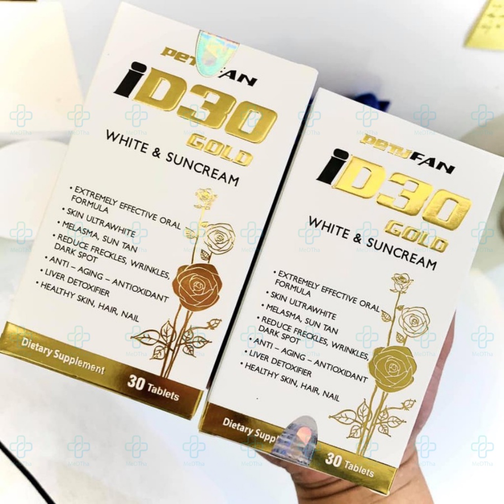 Viên uống trắng sáng da PETYFAN ID30 Gold White &amp; Suncream - Glutathione, Đẹp Da, Trắng Da (Lọ 30 Viên) [Chính Hãng]