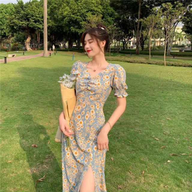 [GÍA HỦY DIỆT 8.8 ]váy hoa cúc trắng xẻ tà màu xanh | BigBuy360 - bigbuy360.vn