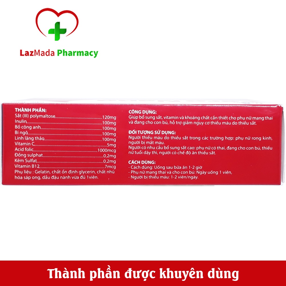 Bổ máu Fero Nano - Bổ sung Sắt, Acid Folic cho người thiếu máu, phụ nữ mang thai và cho con bú - Hộp 30 viên chuẩn GMP