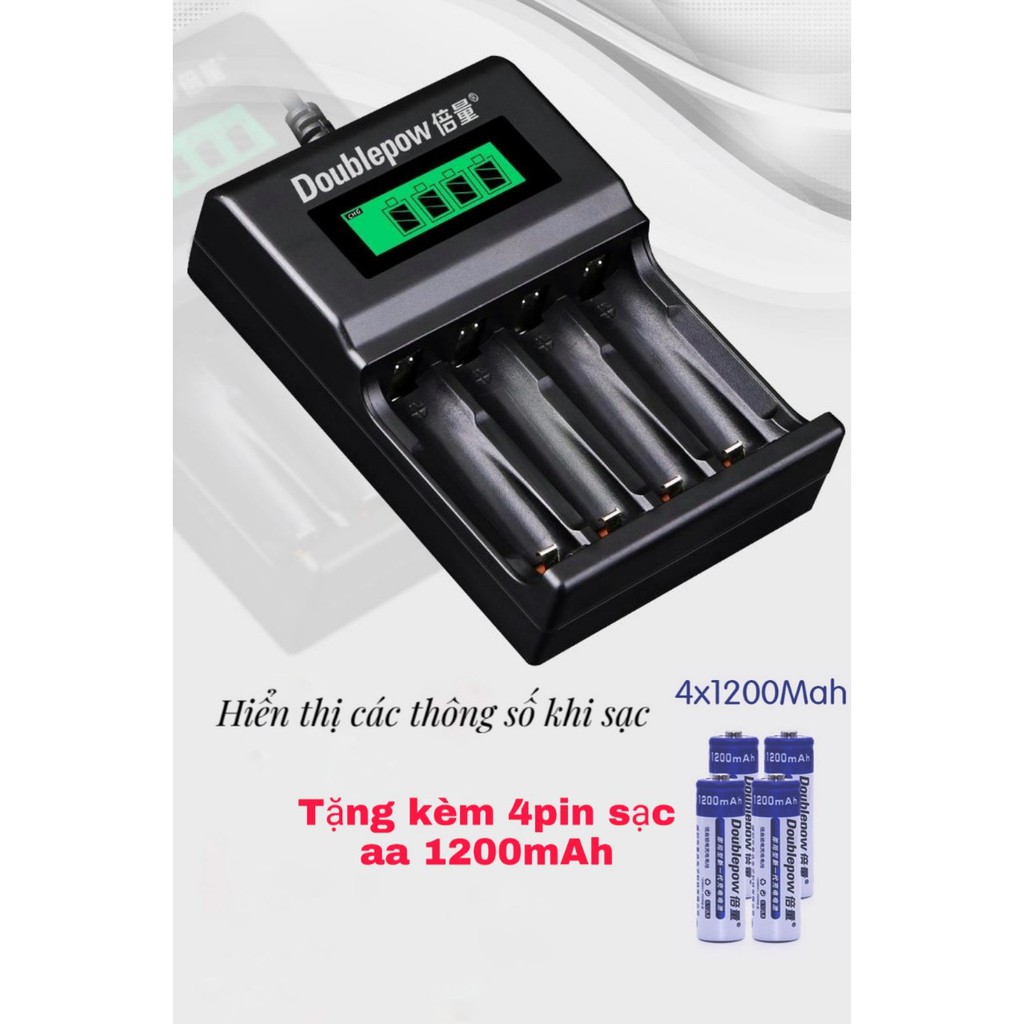 Bộ Sạc Pin AA, AAA K93B Doublepow tự ngắt khi đầy Tốc Độ Cao Hiển Thị Màn Hình LCD kèm pin sạc aa 1200mAh