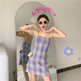 Đầm sọc xanh kẻ ô 2 dây form ngắn hot hit