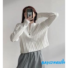 Áo len tay dài cổ cao màu trơn phối khóa kéo thời trang cho nữ