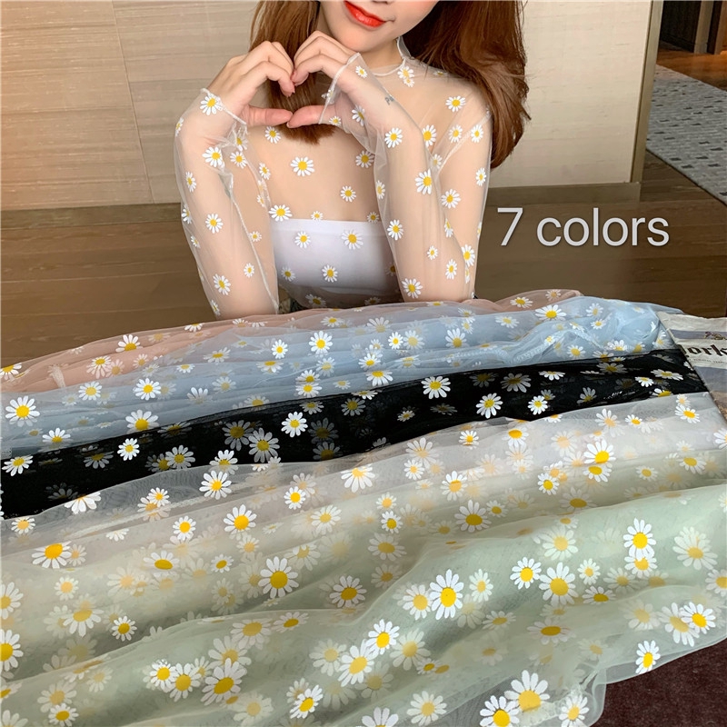 SUXI Áo Tay Dài Dáng Rộng Phối Lưới In Hình Hoa Cúc Kiểu Hàn Quốc Xinh Xắn Cho Nữ