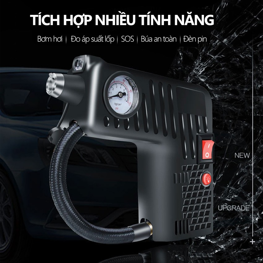 Bơm lốp xe ô tô 4-7 chỗ mini cầm tay có đèn pin tích hợp, dùng nguồn điện 12V [Bảo hành 3 tháng, tặng khăn lau xe]