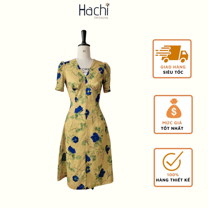 Đầm Váy nữ hoa lụa cổ Chữ V, xẻ trước xinh xắn dễ thương hàng thiết kế Hachidesigns