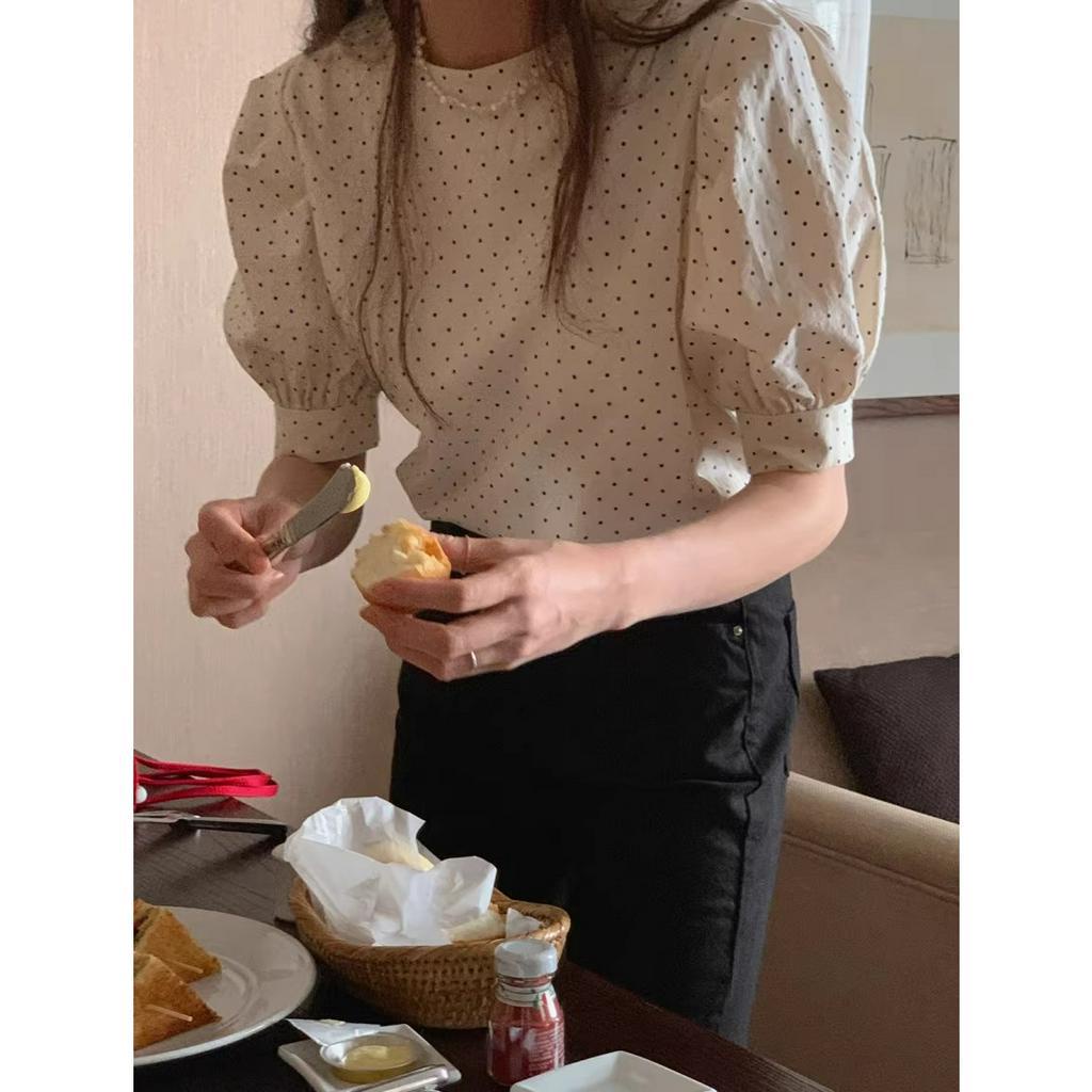 Xiaozhainv Áo Sơ Mi Tay Ngắn Cổ Tròn Họa Tiết Chấm Bi Phong Cách Hàn Quốc Ngọt Ngào Thời Trang Mùa Hè Cho Nữ