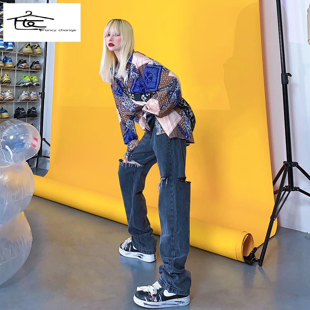 Hàng Có Sẵn Bán Chạy~Quần Jean Rách Hai Lỗ Rách Dáng Ôm Phong Cách Hàn Quốc Thời Trang Đường Phố Dễ Phối Đồ Cho Nữ