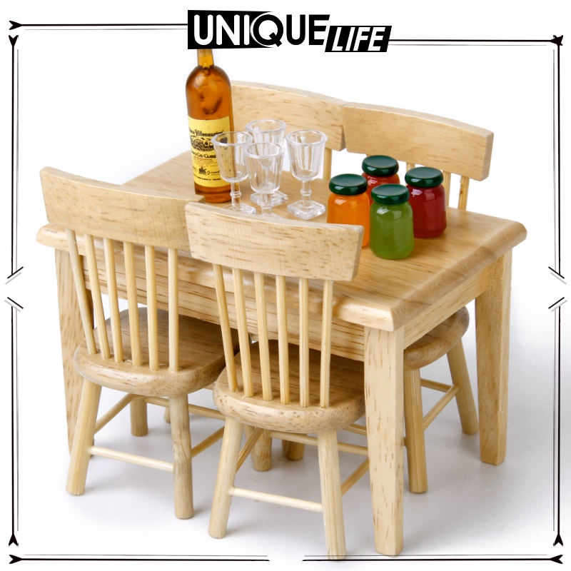 Bộ Bàn Ghế Gỗ Mini 1: 12 + 4 Ghế Màu Trắng Trang Trí Nhà Búp Bê