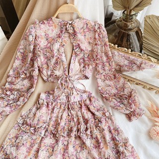 Đầm hoa phối bèo cutout eo hở lưng