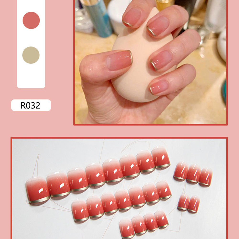 Cod In Stock New 24PCS/BOX Fake Nails Sweet Gradual Change Strawberry Peach Blue Color Decor