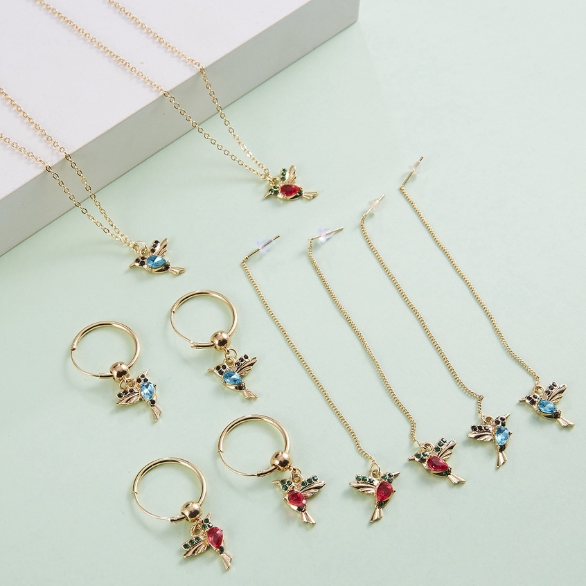 Set Khuyên Tai + Vòng cổ + Bông Tai Hình Chú Chim Ruồi Đáng Yêu Thời Trang