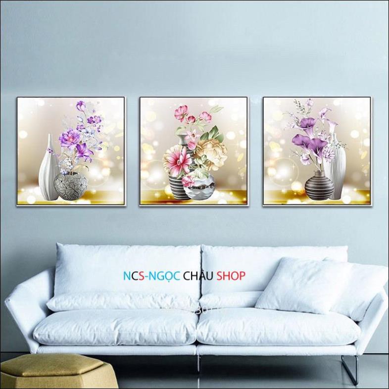 Tranh thêu chữ thập Bình Hoa Khoe sắc bộ 3 bức Lavender LV3138- Chưa thêu