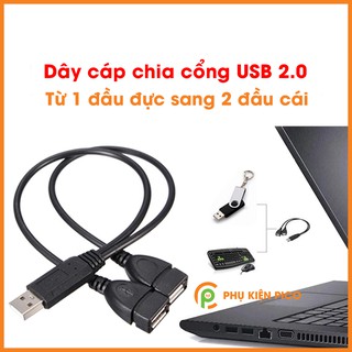 Dây cáp chia cổng USB 2.0 từ 1 đầu đực sang 2 đầu cái cho laptop điện thoại, cấp điện cùng lúc 2 thiết bị