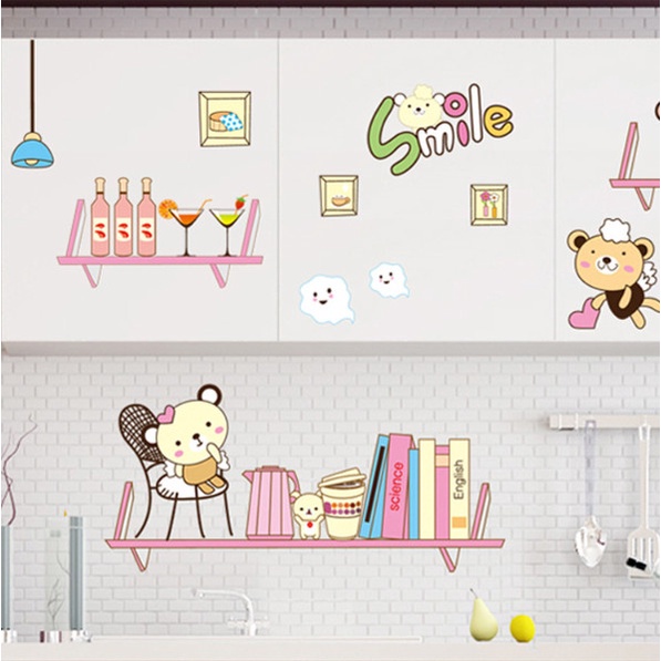 Decal trang trí tường - Những chú gấu dễ thương trên chiếc kệ sách