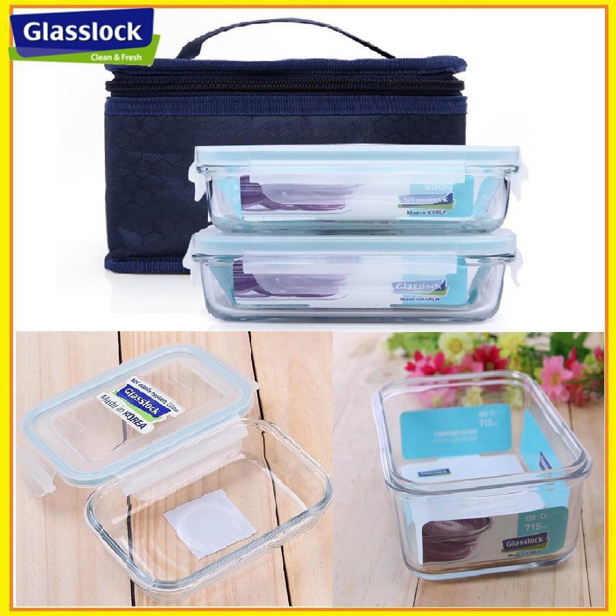 Bộ 2 hộp đựng cơm 400ml, 715ml TẶNG KÈM túi giữ nhiệt- Thủy Tinh Glasslock