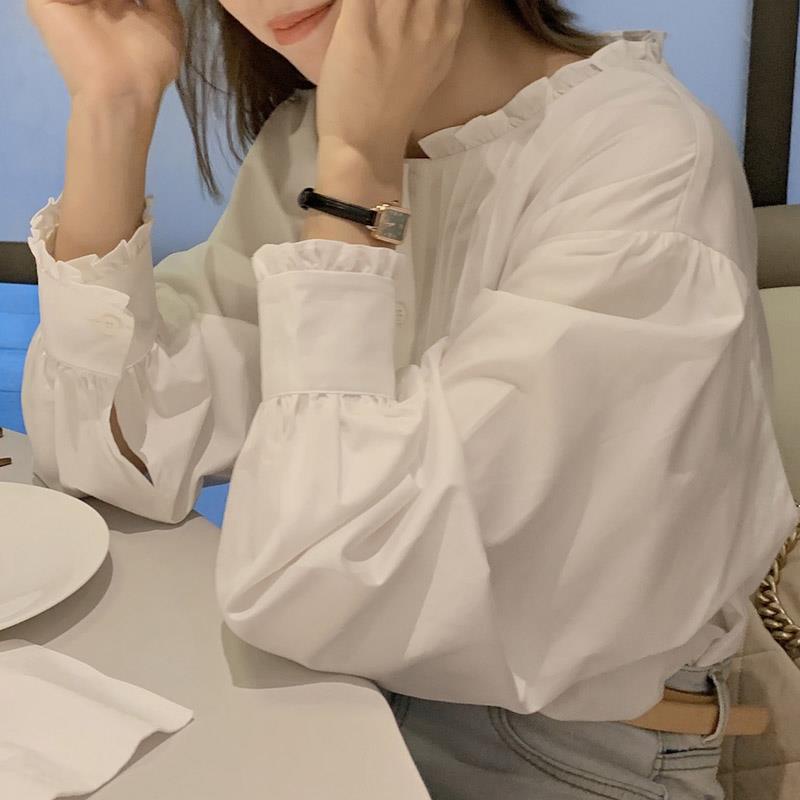 Áo Sơ Mi Trắng Cổ Đứng Dáng Rộng Xếp Ly Thời Trang Xuân Thu Dành Cho Nữ
