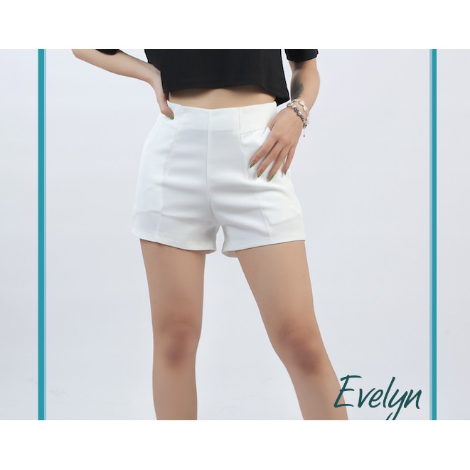 Quần sooc đùi vải cạp cao Evelyn cho nữ, quần short cạp cao