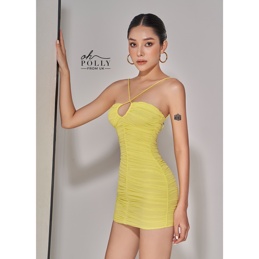 Oh Polly - Đầm nữ cổ yếm hở lưng khoét ngực phối 2 dây sexy ôm body