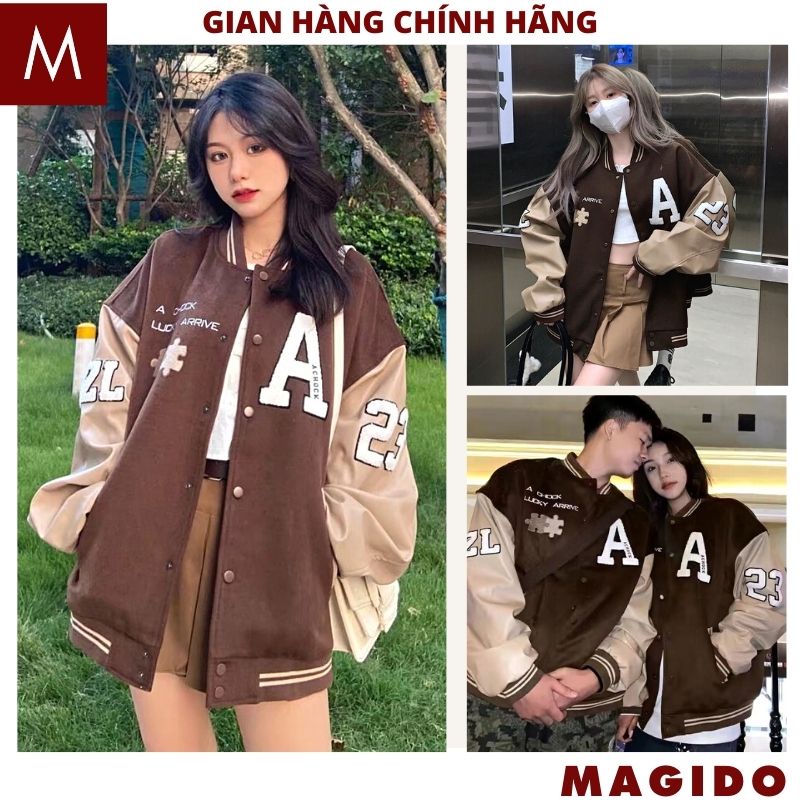 Áo khoác Bomber thể thao màu nâu thêu chữ A- Áo bóng chày jackit from rộng nam nữ UNISEX phối tay phong cách ulzzang