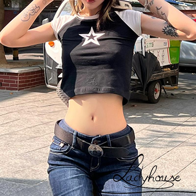 Áo Thun Raglan Tay Ngắn Màu Đen In Họa Tiết Ngôi Sao Cơ Bản Thời Trang Mùa Hè Dành Cho Bạn Nữ