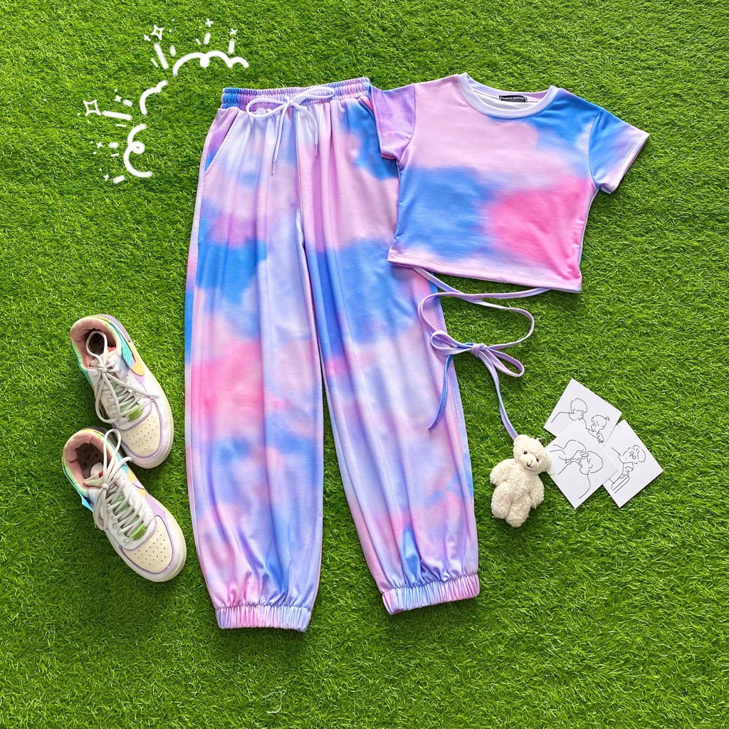 Set áo croptop cột đây loang màu + quần dài tie dye cryaotic10