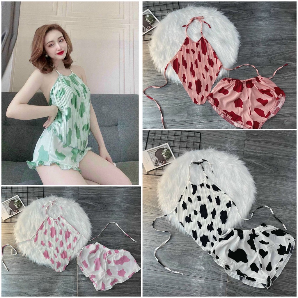 Sét bộ ngủ áo yếm hoạ tiết bò sữa siêu hot