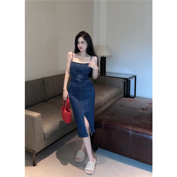 Đầm denim Hai Dây Màu Xanh Dương Phong Cách retro Quyến Rũ Thời Trang Mùa Hè