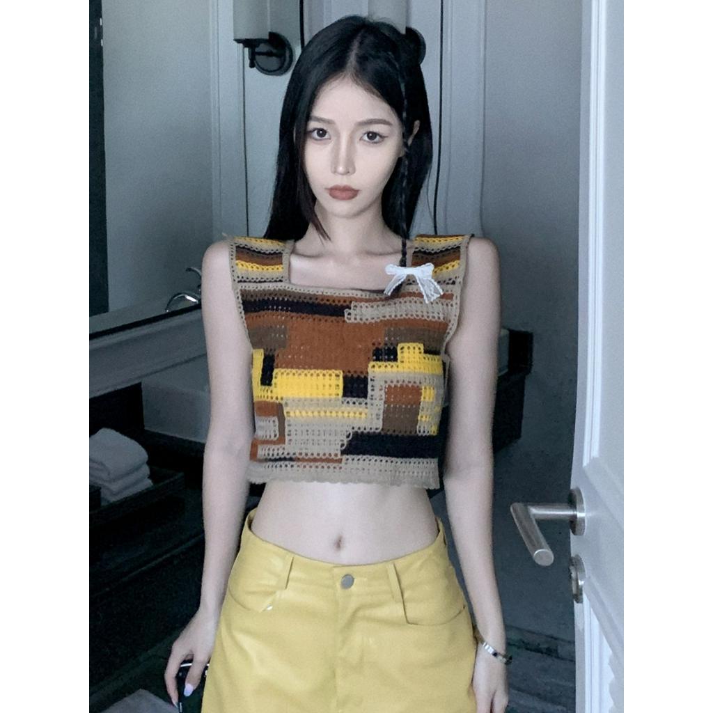 Áo Dệt Kim Sát Nách Dáng Ngắn Màu Sắc Tương Phản Thời Trang Mùa Hè 62159