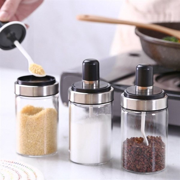 Hộp Đựng Gia Vị Bằng Thủy Tinh Trong Suốt Kèm Muỗng