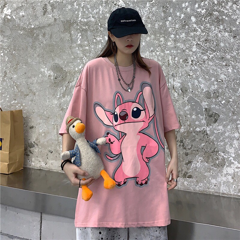 [Free Size Đến 65kg] Áo Thun Form Rộng In Hình Stitch Màu Hồng Cute