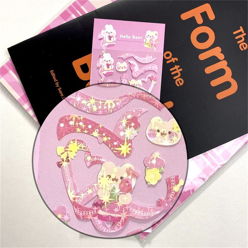 Miếng dán trang trí điện thoại hình gấu phối ren và ruy băng màu laser