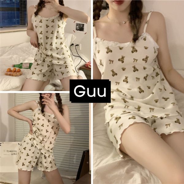 Set đồ ngủ mặc nhà chất bo tăm co dãn 4 chiều thiết kế họa tiết xinh xắn GUU