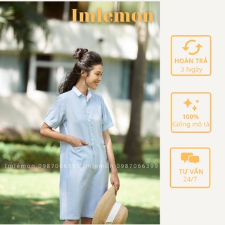 [PREMIUM] Đầm Sơ Mi Nữ AQUA LOVE Chất Liệu Linen BASIC CỔ TRỤ PHỐI 2 TÚI  Màu Xanh Dễ Thương Năng Động
