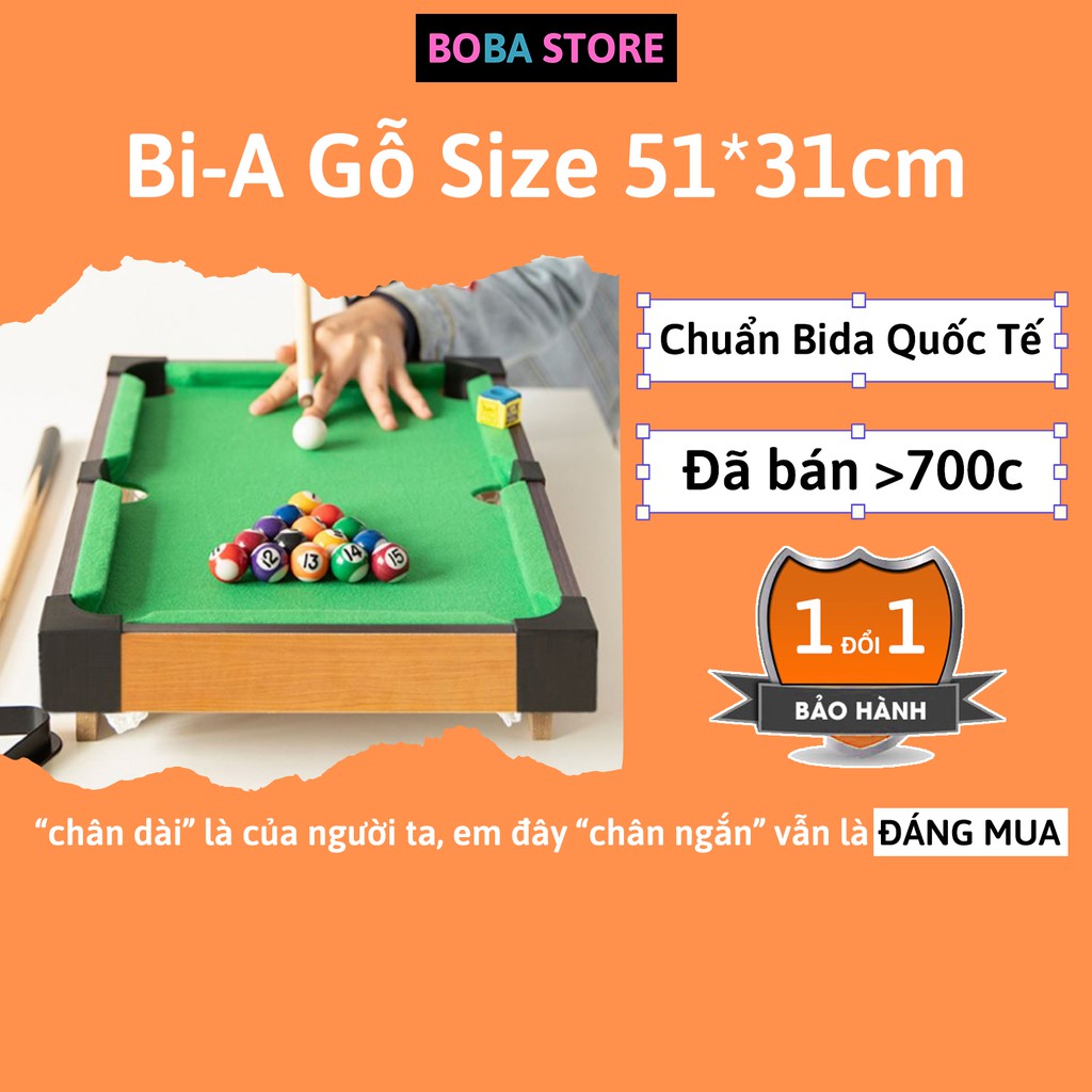 Bida Mini bằng Gỗ - Mặt bàn Vải Nỉ - 15 bi đánh số + 2 Gậy + 1 Tẩy - Kích thước 51*31*10cm