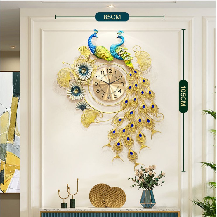 Đồng Hồ Treo Tường Trang Trí Đôi Con Công Khổng Tước chất liệu kim loại sơn tĩnh điện, kim trôi êm, trang trí đẹp