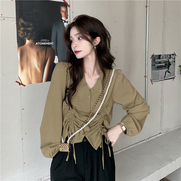 Hàng mới về Áo sơ mi tay dài phong cách retro Pháp thời trang mùa thu mới 2021 cho nữ